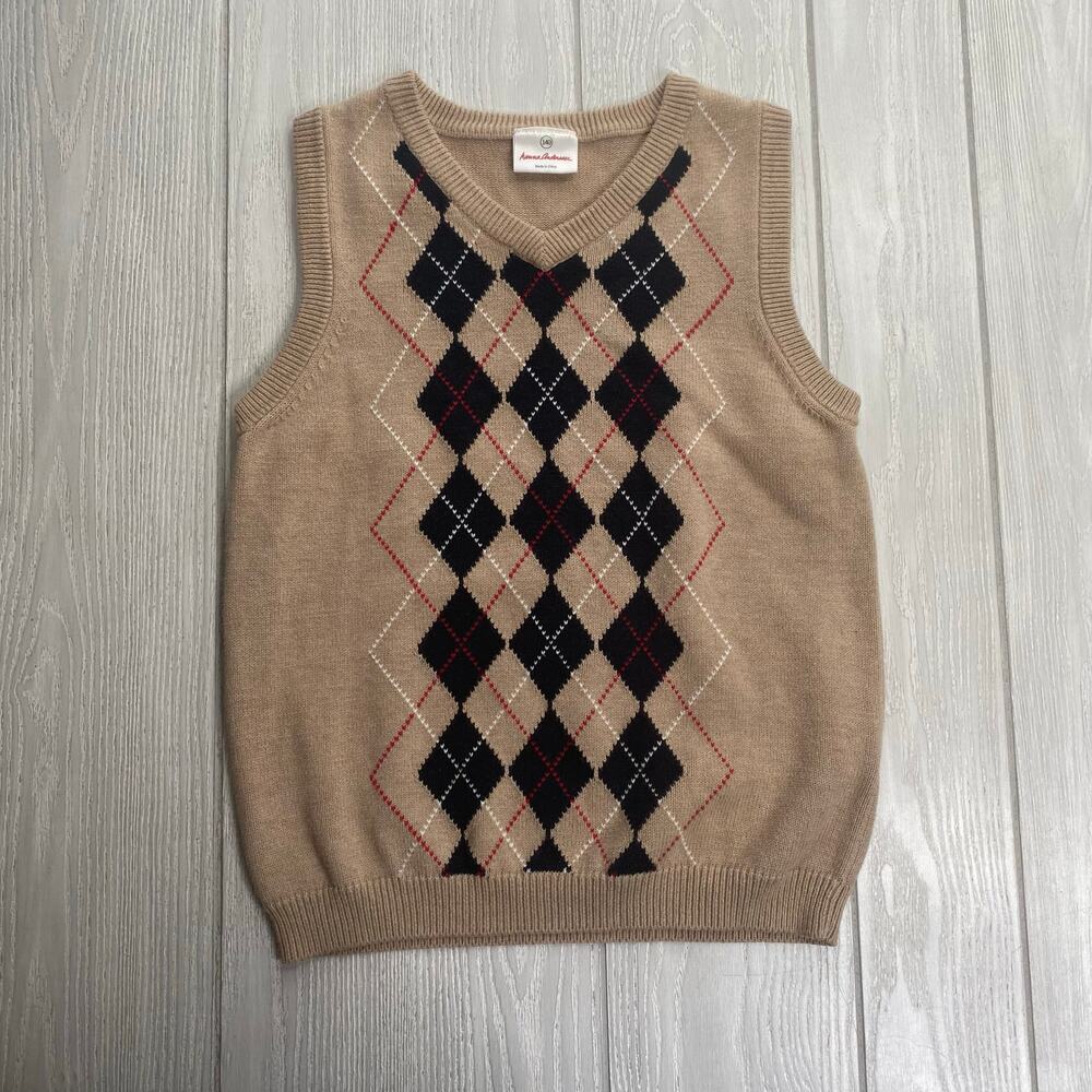 Hanna Andersson Cotton Tan Black & Red Argyle Sweater Vest US Boys Size 10